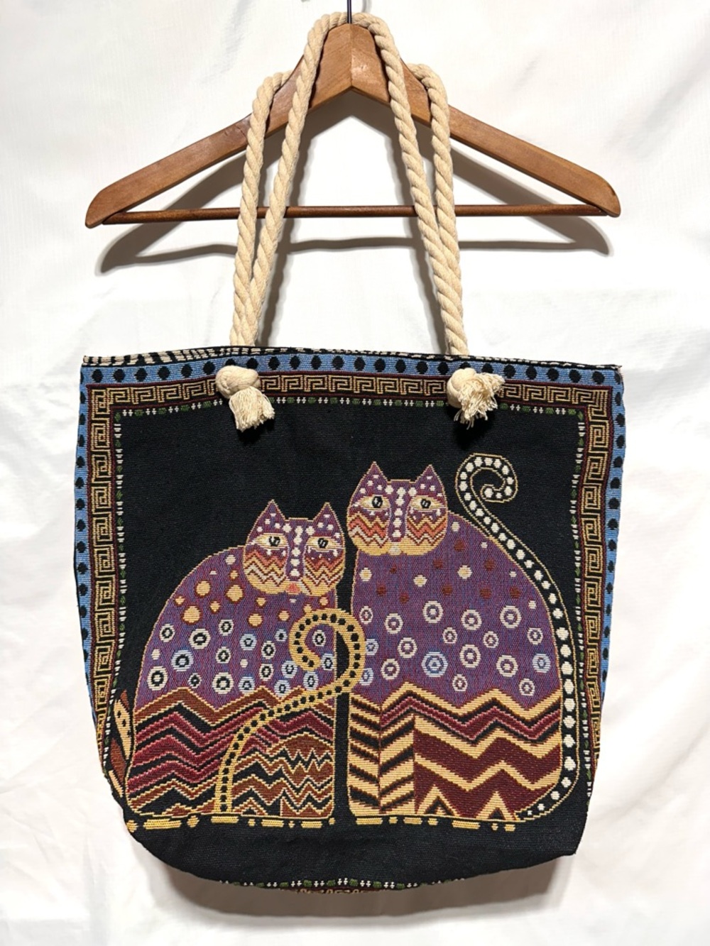 Laurel Burch Spotted Cats Tapestry Tote Bag Rope Handle Folk Art Boho
